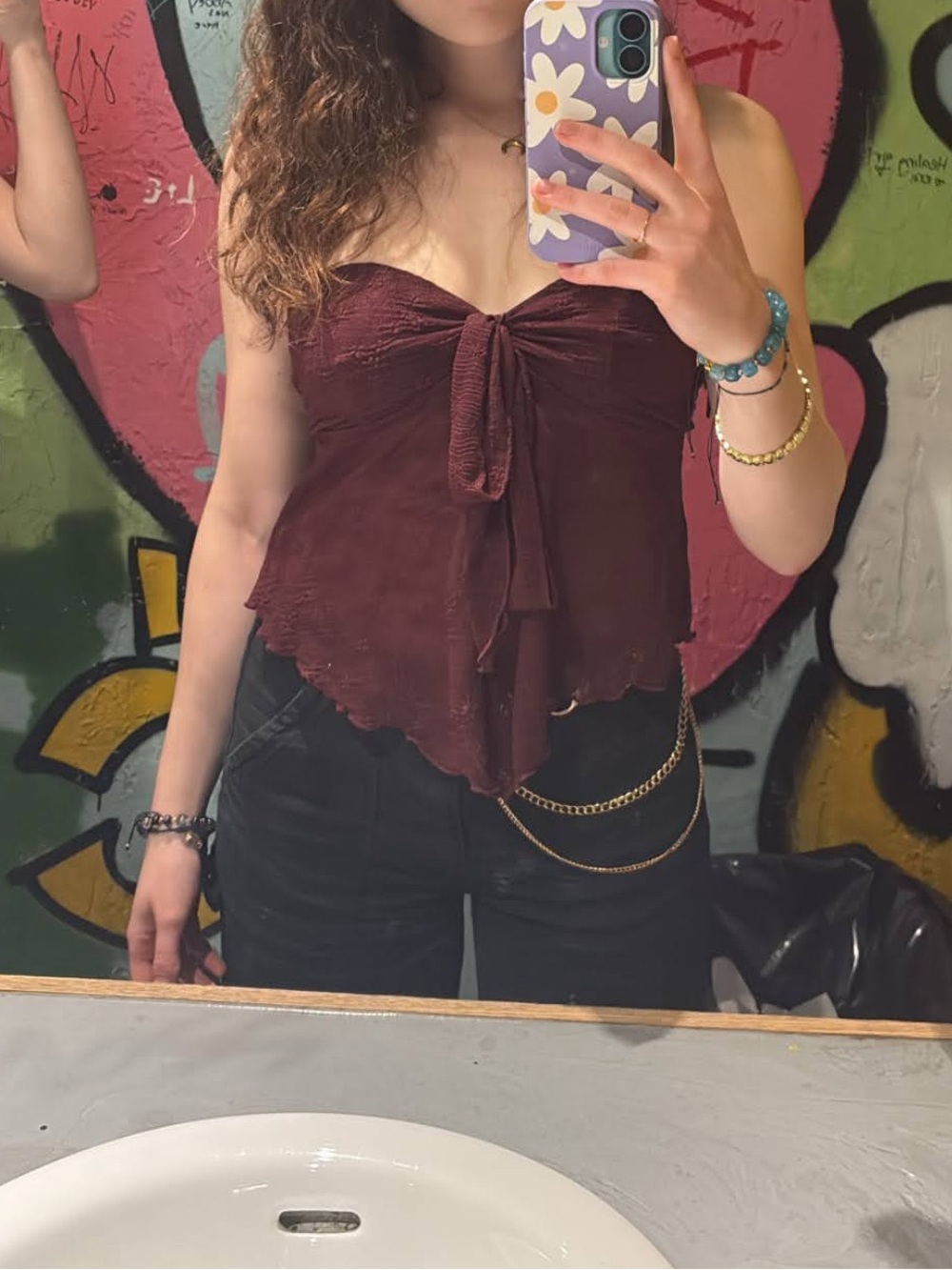 Cider Strapless Tie-Front Handkerchief Hem Camisole in Burgundy